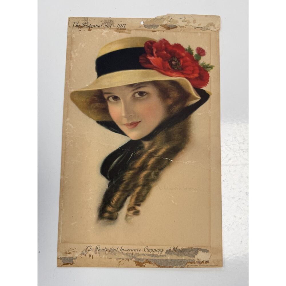 Antique 1917 Prudential Girl Calendar Advertising Poster Vintage Lithograph Art